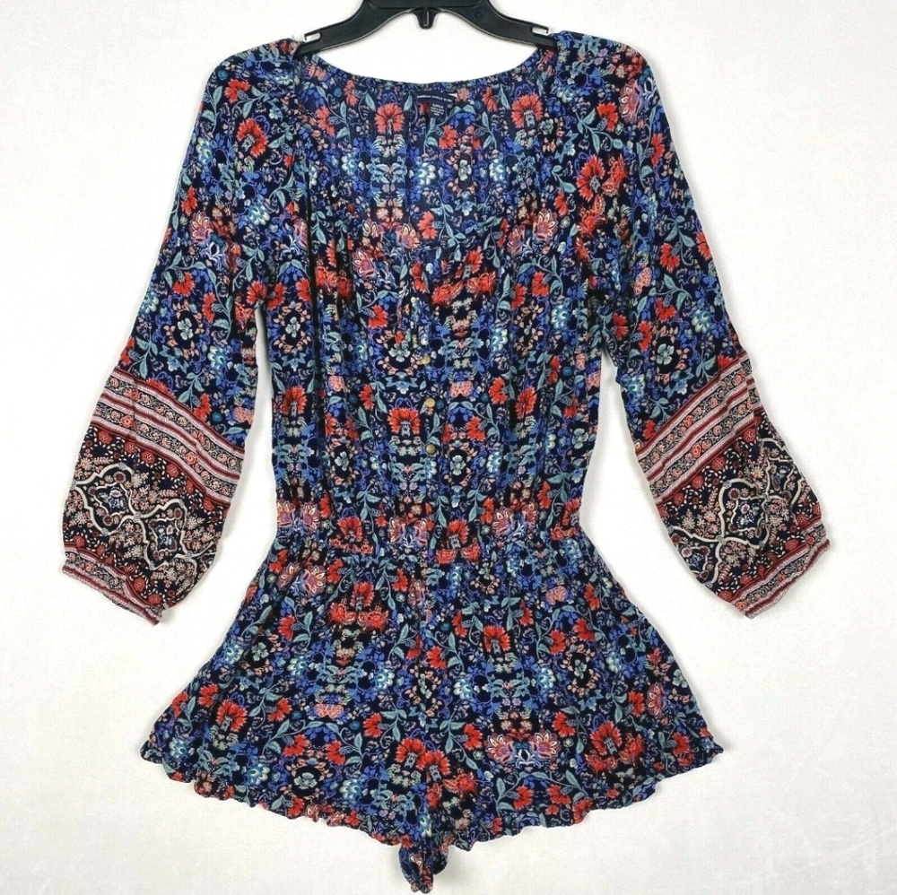 American Eagle Women’s Floral Romper 3/4 Sleeve Boho Print One Piece- Size XS